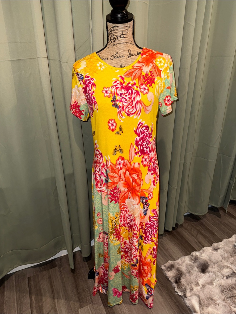 Johnny Was Yellow Maxi Dress with Pink and Orange Floral Print